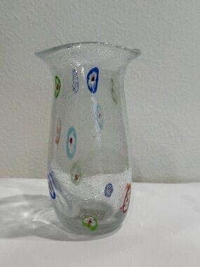 Clear Art Glass Vase with Colorful Millefiori Flowers